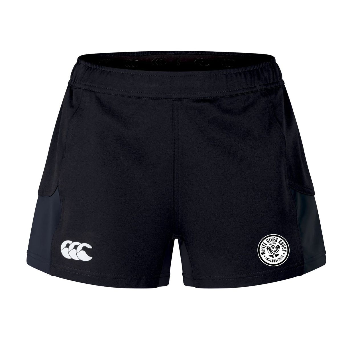 The White River Rugby Football Club Women's Advantage Short 2.0 by EMB Canterbury features a white Canterbury logo on the left leg and a circular emblem on the right, offering both performance and sustainability.