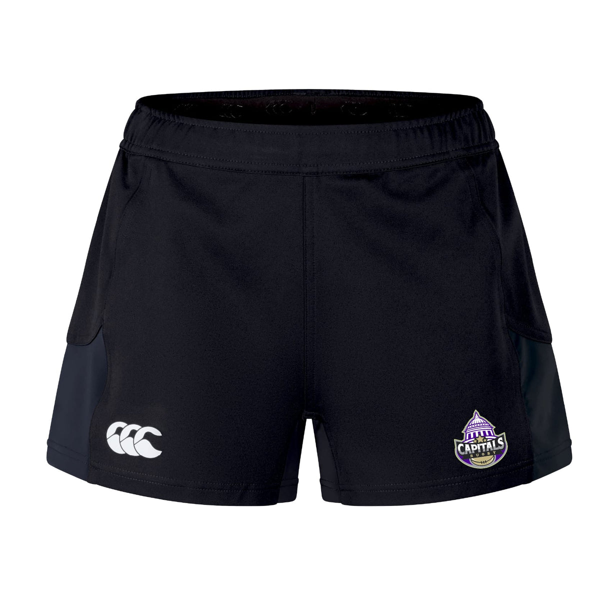 The Capitals Rugby NC Women's Advantage Short 2.0 by EMB Canterbury features black rugby shorts with the Canterbury logo on the left thigh and ACT Capitals team logo on the right, delivering sustainable performance and style.