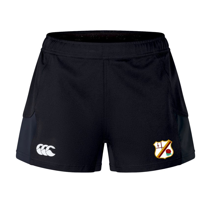 The Williams College RFC Women's Advantage Short 2.0 by EMB Canterbury showcases black athletic shorts featuring a white rugby logo on the left side and a vibrant shield emblem on the right, crafted for exceptional performance.