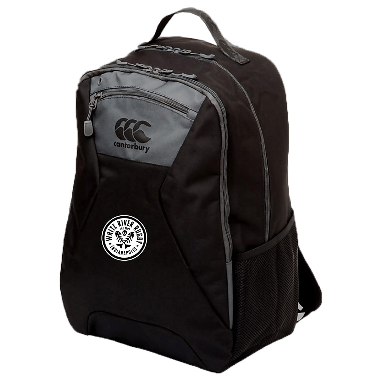 The EMB Canterbury White River Rugby Football Club Medium Backpack features a black design with gray accents, water repellent finish, side mesh pocket, and a circular "White River Rugby" logo on the front.