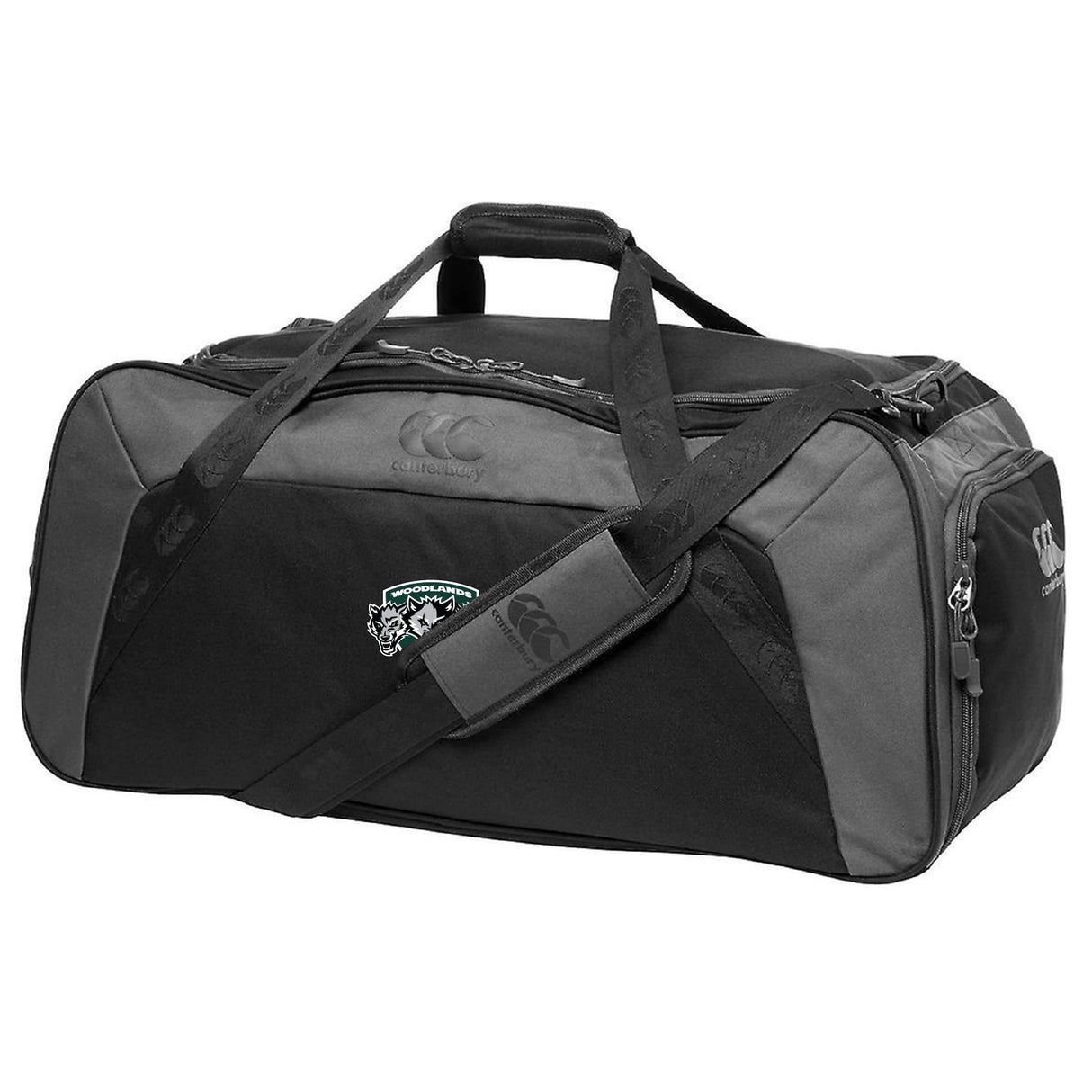 The Woodlands Youth Wolfpack Holdall Duffle Bag by EMB Canterbury features black and gray colors, shoulder and hand straps, a small logo, zippered compartments, and a water-repellent finish—ideal for gym or travel.