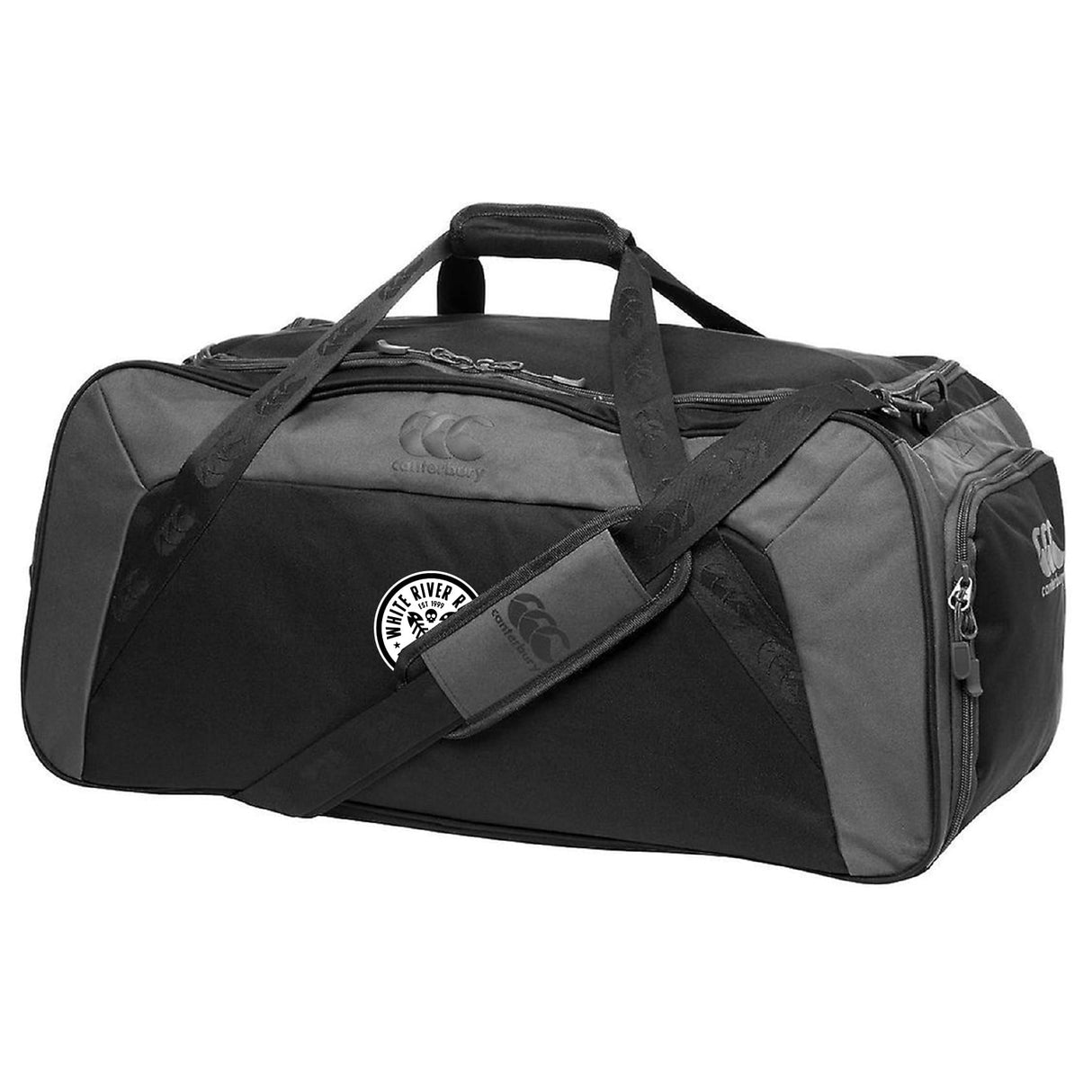 The White River Rugby Football Club Holdall Duffle Bag by EMB Canterbury features handles, a shoulder strap, side zipper pocket, water-repellent finish, and club patch—ideal for all your rugby gear.
