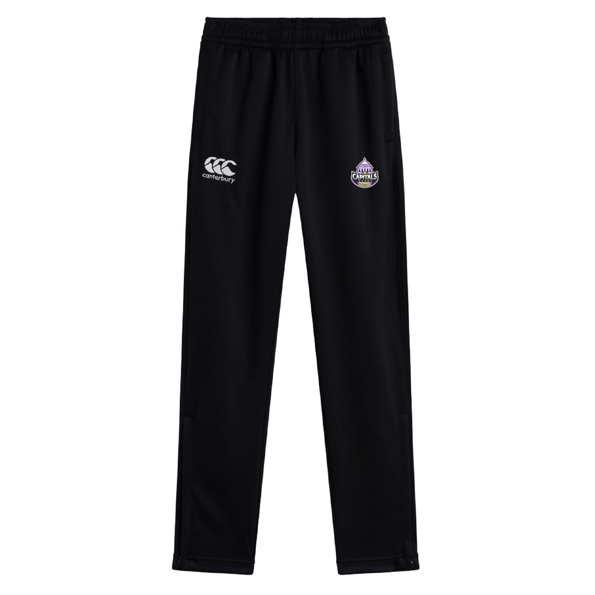 The Capitals Rugby NC Stretch Tapered Pant by EMB Canterbury features black stretch fabric, an elastic waistband, Canterbury branding on the left thigh, and a Melbourne Storm logo on the right—perfect for men's workouts.