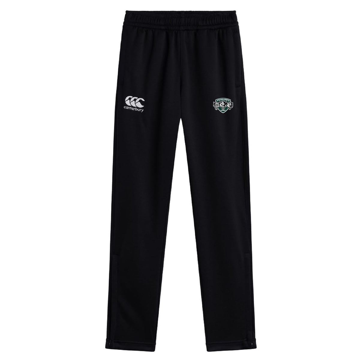 The Woodlands Youth Wolfpack Stretch Tapered Pant by EMB Canterbury features an elastic waistband, Canterbury logo on the left thigh, embroidered team crest on the right, and quick-dry fabric for style and comfort in every workout.