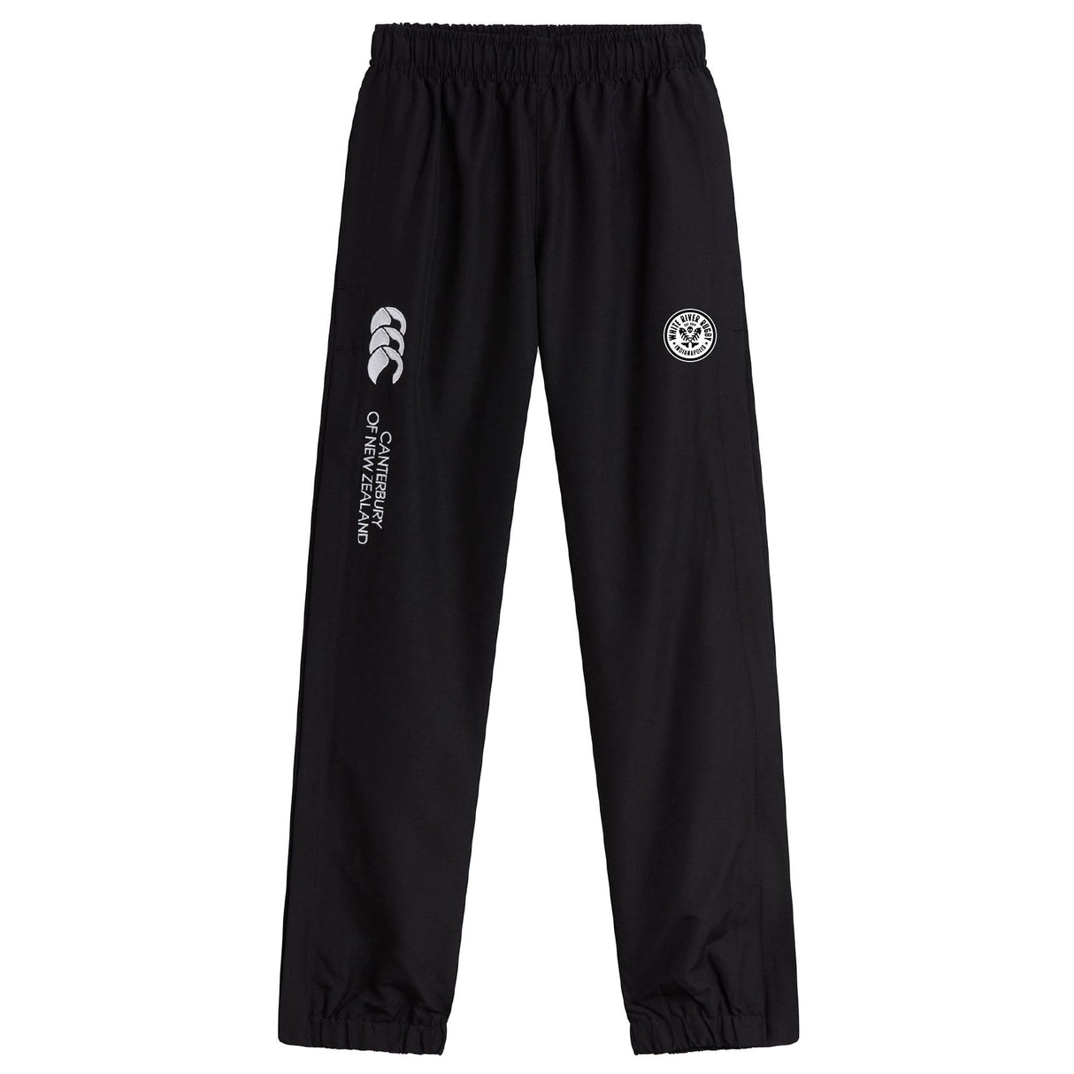 The EMB Canterbury White River Rugby Football Club Cuffed Hem Stadium Pant features an elastic waistband, cuffed hem, Canterbury branding and "Canterbury of New Zealand" text on the left leg, plus a circular emblem on the right leg.