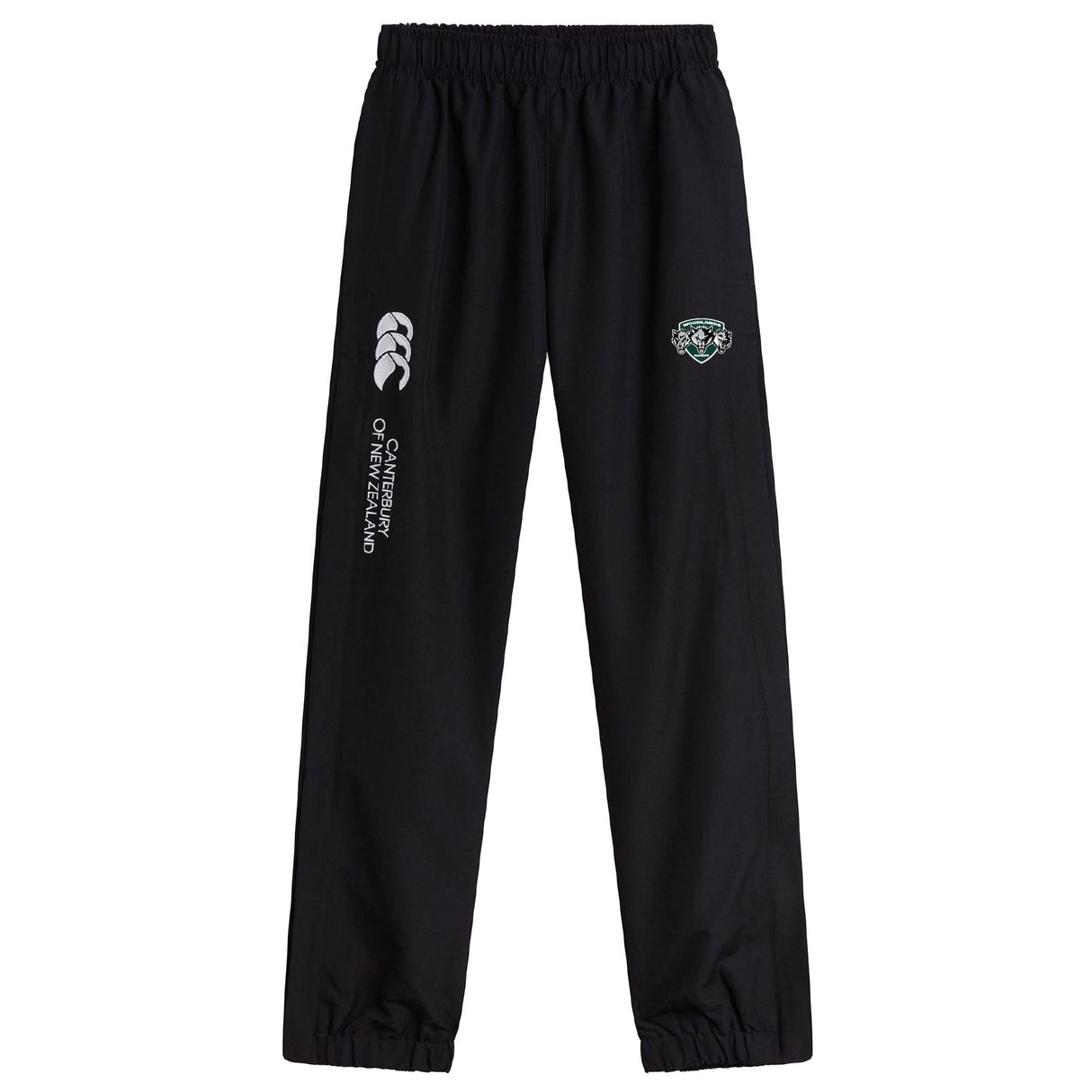 The Woodlands Youth Wolfpack Cuffed Hem Stadium Pant by EMB Canterbury features an elastic waistband, cuffed hem, Canterbury branding, and a sports team emblem—perfect for training or casual wear.
