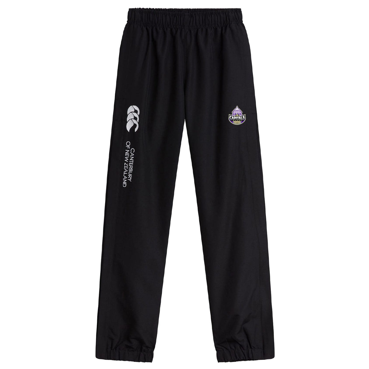 The Capitals Rugby NC Cuffed Hem Stadium Pant by EMB Canterbury features an elastic waistband, cuffed hem, brand logo, and round badge—perfect rugby pants blending style and performance.