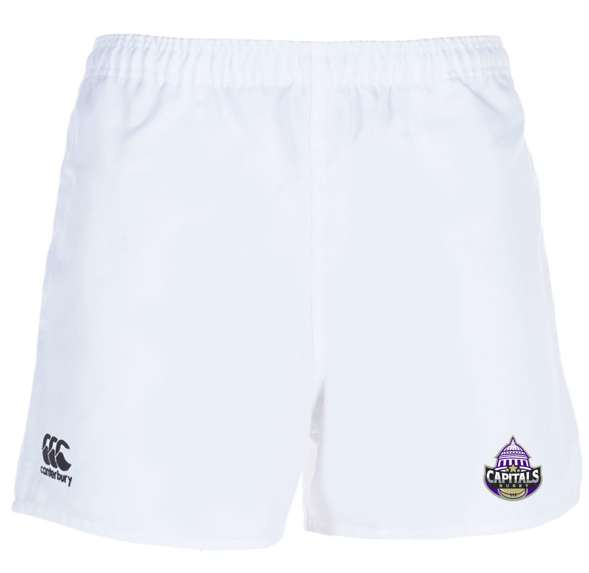 The Capitals Rugby NC Advantage Rugby Shorts by EMB Canterbury feature an elastic waistband, moisture-wicking fabric, and logos on each leg: the Canterbury logo on the left and the Washington Capitals logo on the right.