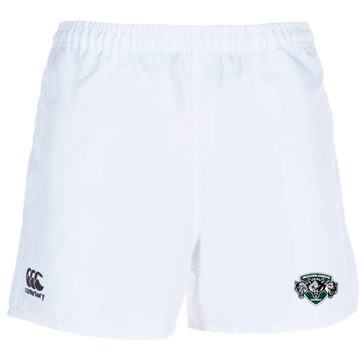 The Woodlands Youth Wolfpack Advantage Rugby Shorts by EMB Canterbury are white shorts with a black Canterbury logo, team crest, and moisture-wicking fabric to keep you cool and comfortable on the field.