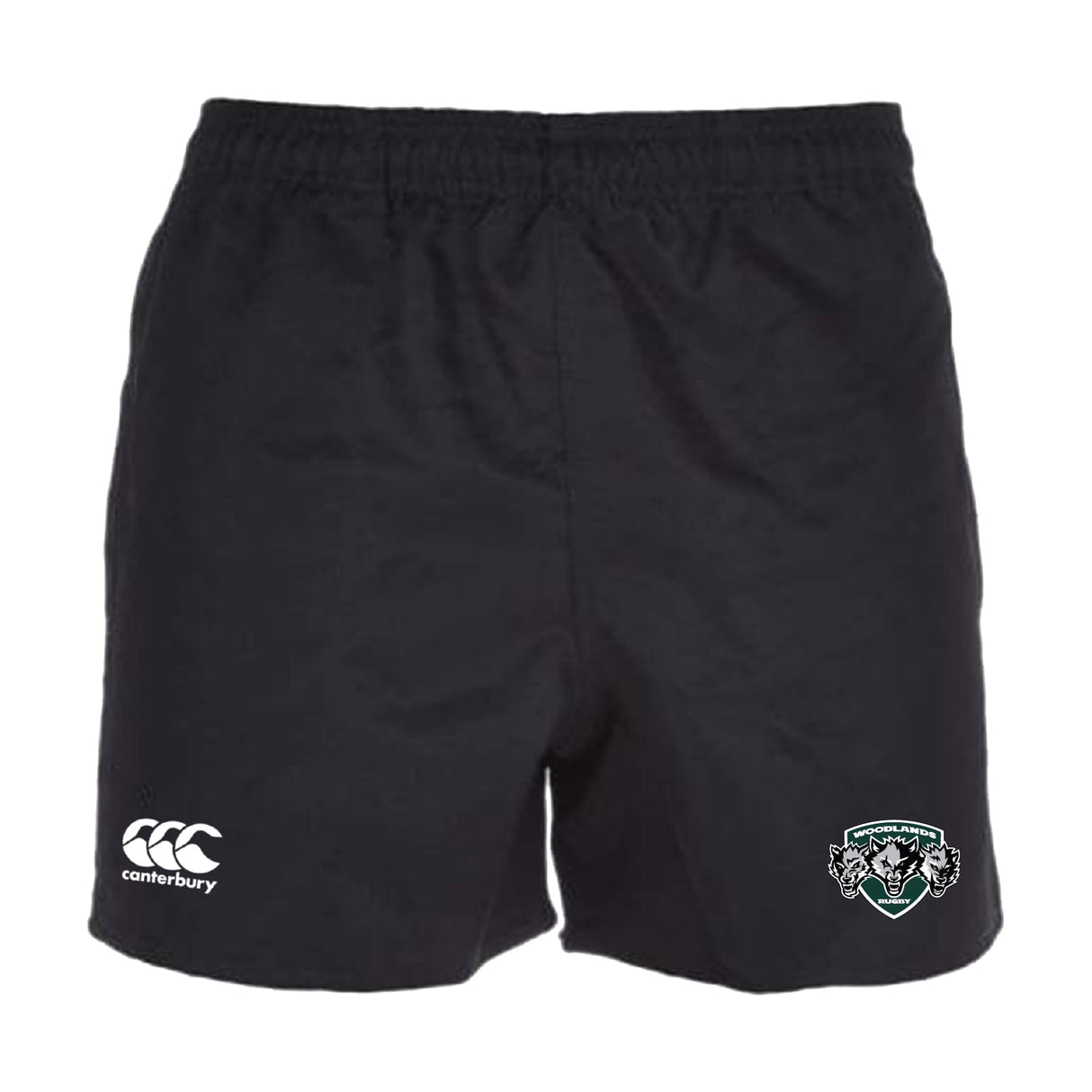 The Woodlands Youth Wolfpack Professional Polyester Rugby Short by Canterbury features the EMB Canterbury logo on the left leg and a Wolfpack team crest on the right leg.