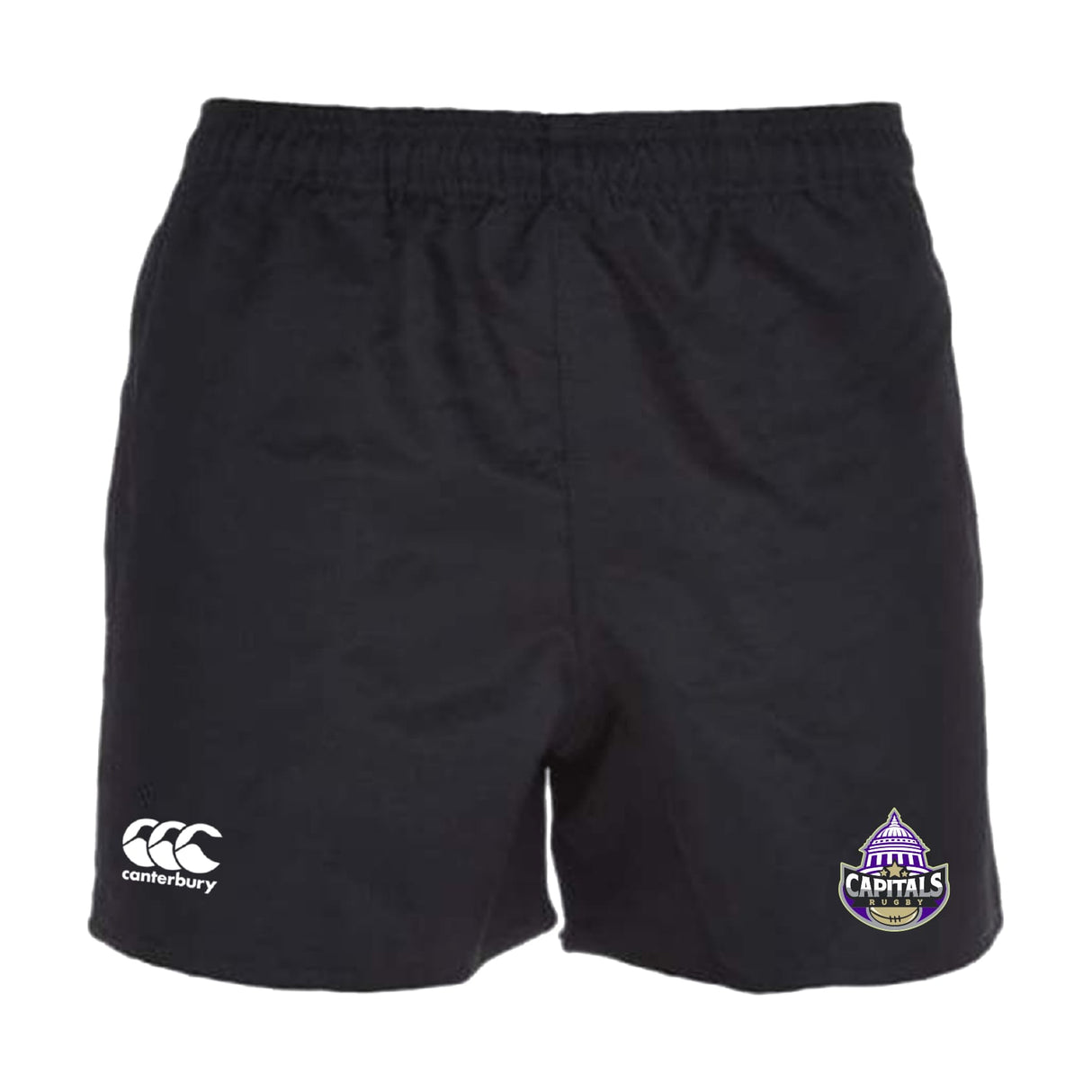 Stay cool and comfortable in the EMB Canterbury Capitals Rugby NC Advantage Rugby Shorts, featuring a white Canterbury logo on the left leg and a purple Brisbane Capitals logo on the right. Made with moisture-wicking fabric.
