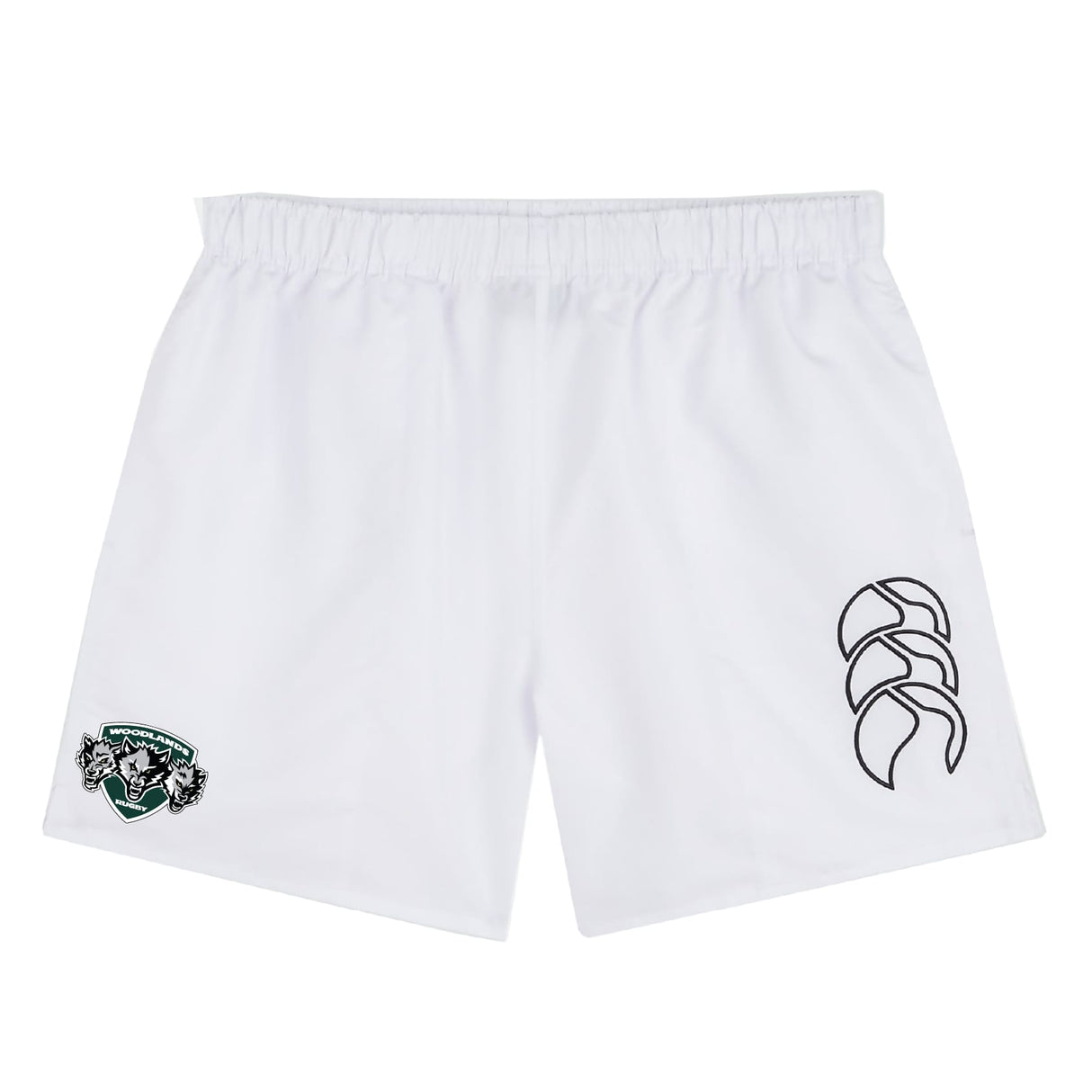 The Woodlands Youth Wolfpack Tactic Short by EMB Canterbury features an elastic waistband, a left-leg logo, and a right-leg team crest patch—perfect rugby shorts for training or match day.