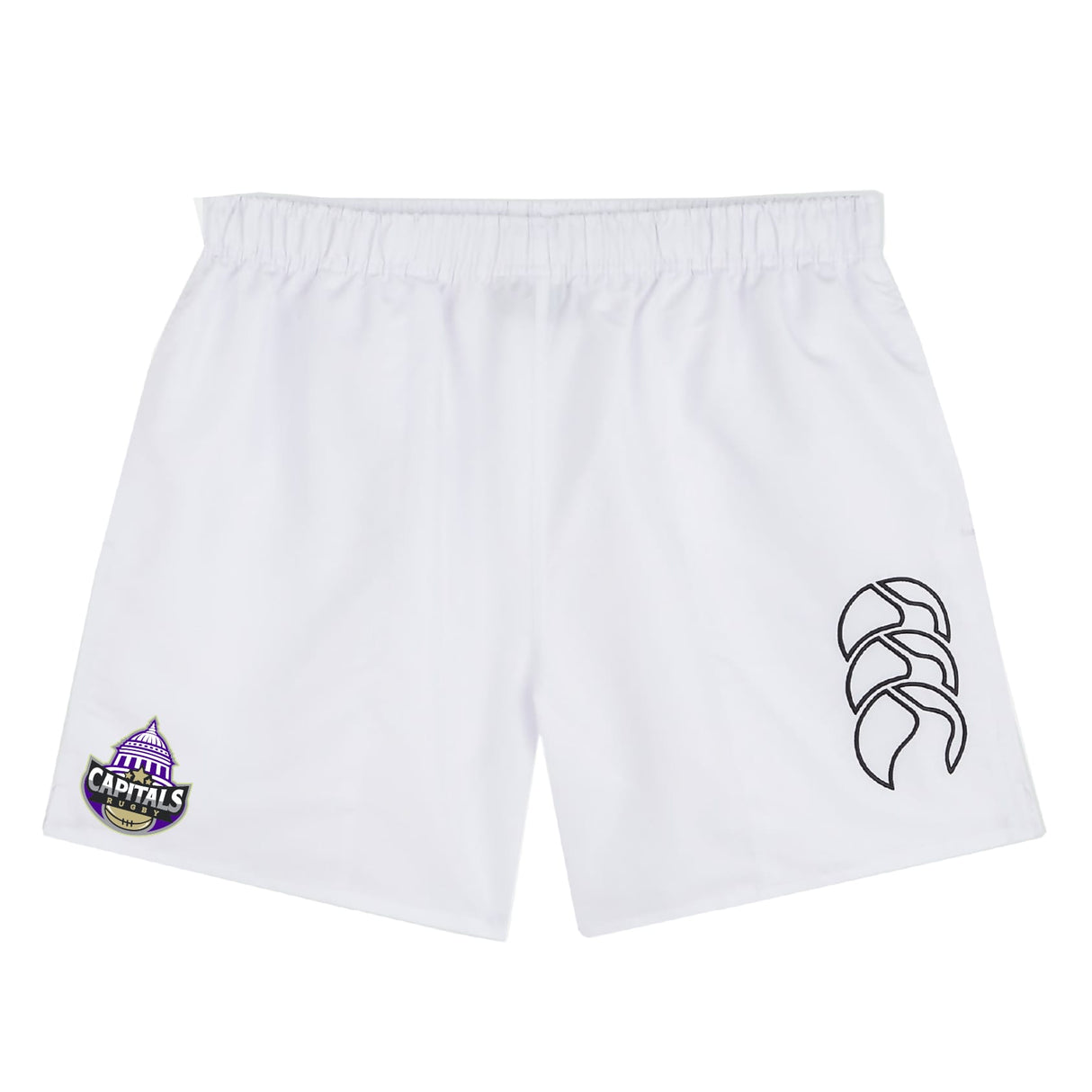 The Capitals Rugby NC Tactic Short by EMB Canterbury is a pair of white rugby shorts with a black Canterbury logo on the right leg and a purple Capitals team badge on the left, ideal for training sessions.