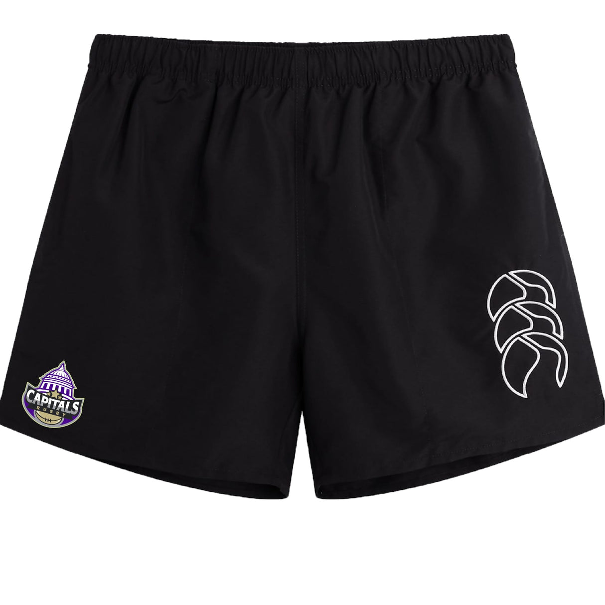 The Capitals Rugby NC Tactic Short by EMB Canterbury features an elastic waistband, a white abstract logo on the right side, and a "Capitals" team patch on the left.