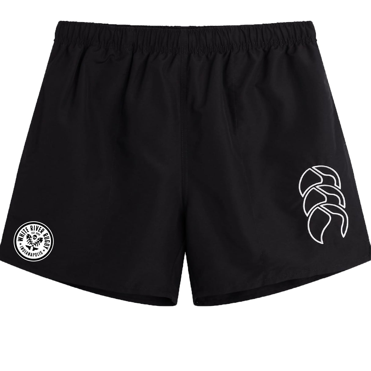 The EMB Canterbury White River Rugby Football Club Tactic Short features two white printed logos on black fabric, making these men's rugby shorts ideal for training.