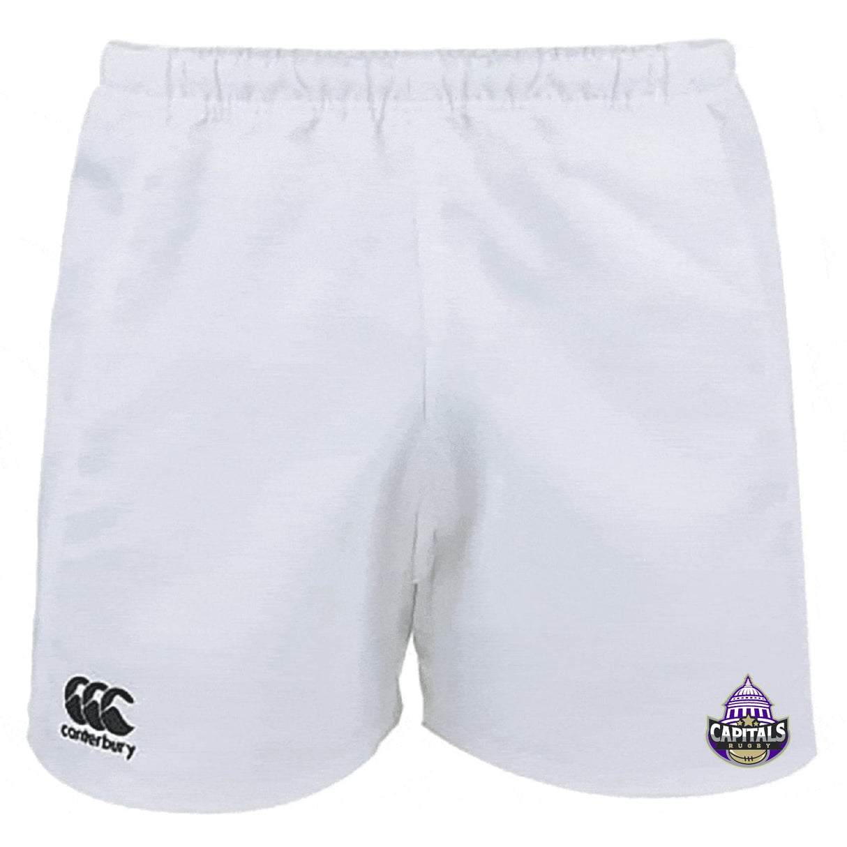 The EMB Canterbury Capitals Rugby NC Professional Polyester Rugby Short features an elastic waistband, with the Canterbury logo on the left and the Washington Capitals logo on the lower right side.