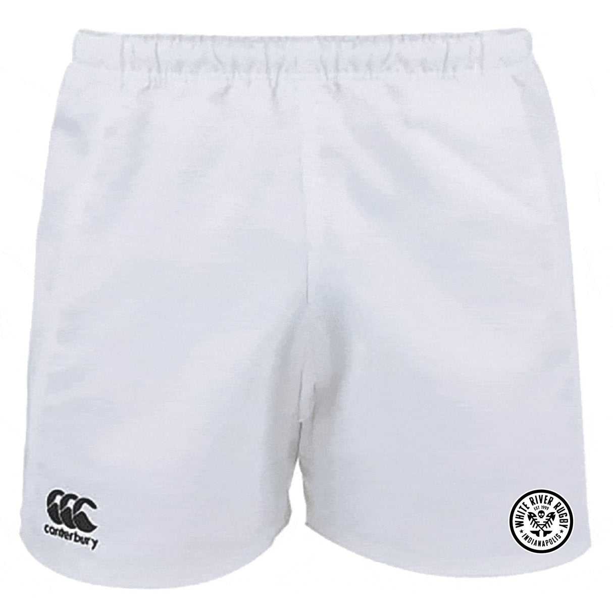The White River Rugby Football Club Advantage Rugby Shorts by EMB Canterbury feature a black logo on the left leg and a black and white club emblem on the right. These moisture-wicking shorts deliver comfort and performance for rugby players.