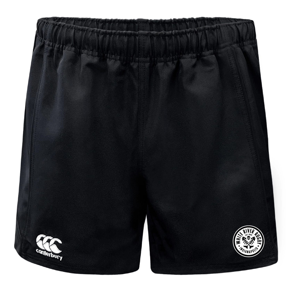 White River Rugby Football Club Advantage Rugby Shorts by EMB Canterbury feature an elastic waistband, moisture-wicking fabric, a Canterbury logo on the left leg, and a White River Rugby embroidered badge on the right.