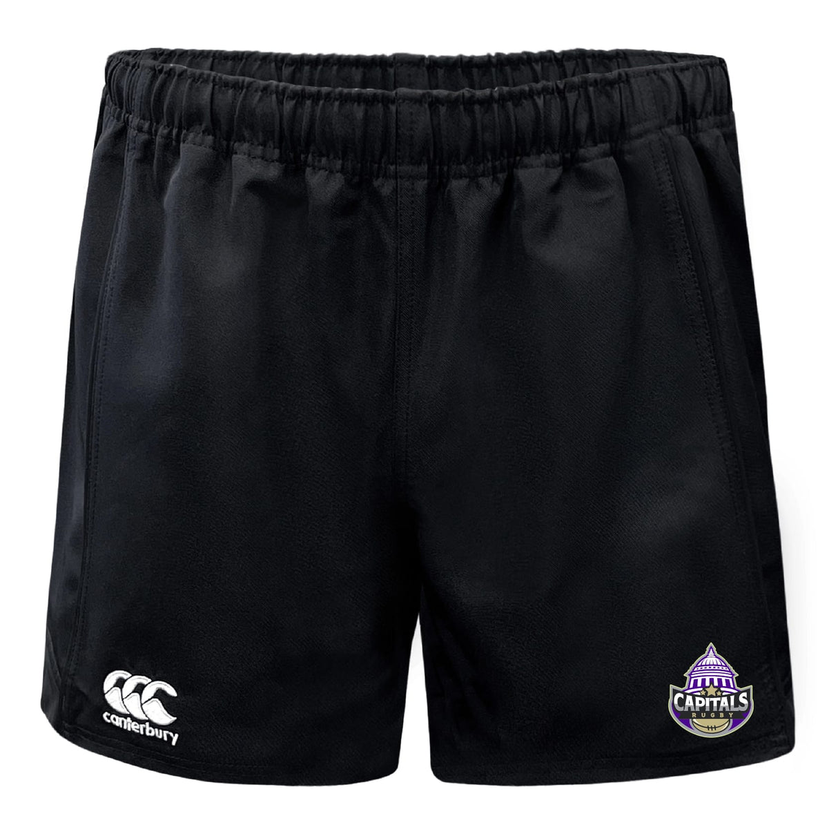 The Capitals Rugby NC Professional Polyester Rugby Short by EMB Canterbury features black fabric, pockets, an elastic waistband, a white Canterbury logo on one leg, and a purple Capitals team logo on the other.
