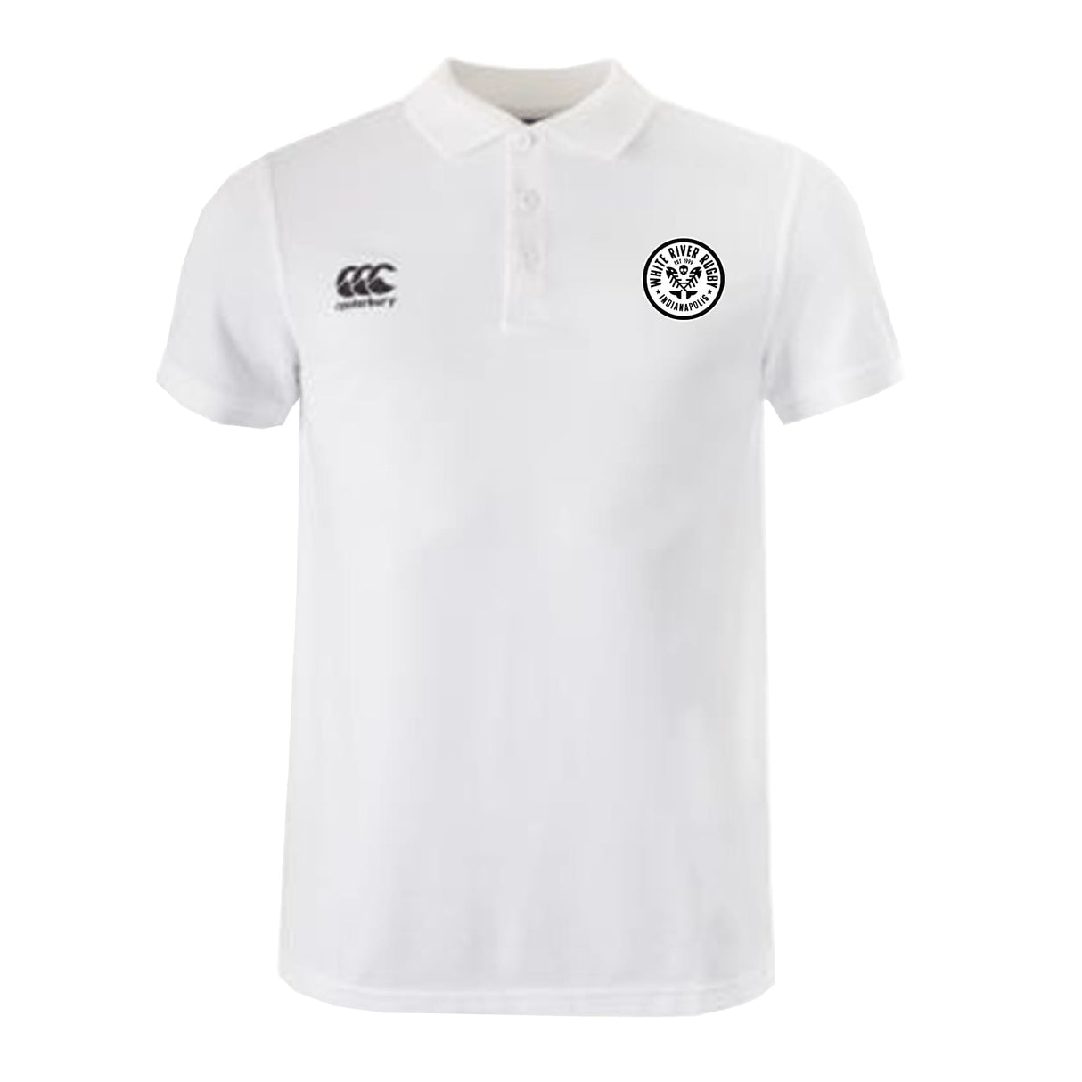 The White River Rugby Football Club Waimak Polo by EMB Canterbury is a classic white rugby polo with two black chest logos, including the Canterbury emblem.