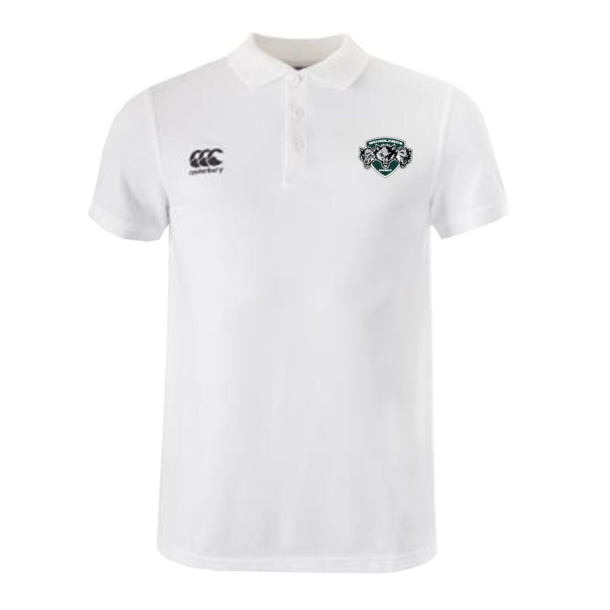 The Woodlands Youth Wolfpack Waimak Polo by EMB Canterbury features short sleeves, a collar, and two chest logos, offering classic Canterbury rugby polo style perfect for young rugby fans.