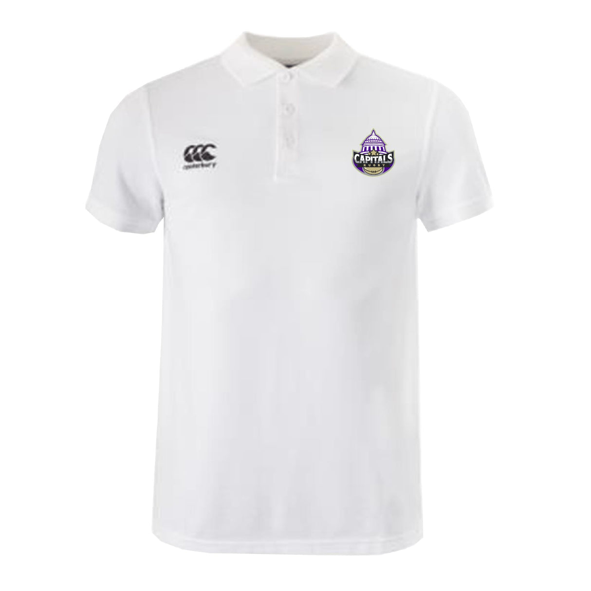 The Capitals Rugby NC Waimak Polo by EMB Canterbury features the classic design with logos on both chests—ideal for any rugby fan.