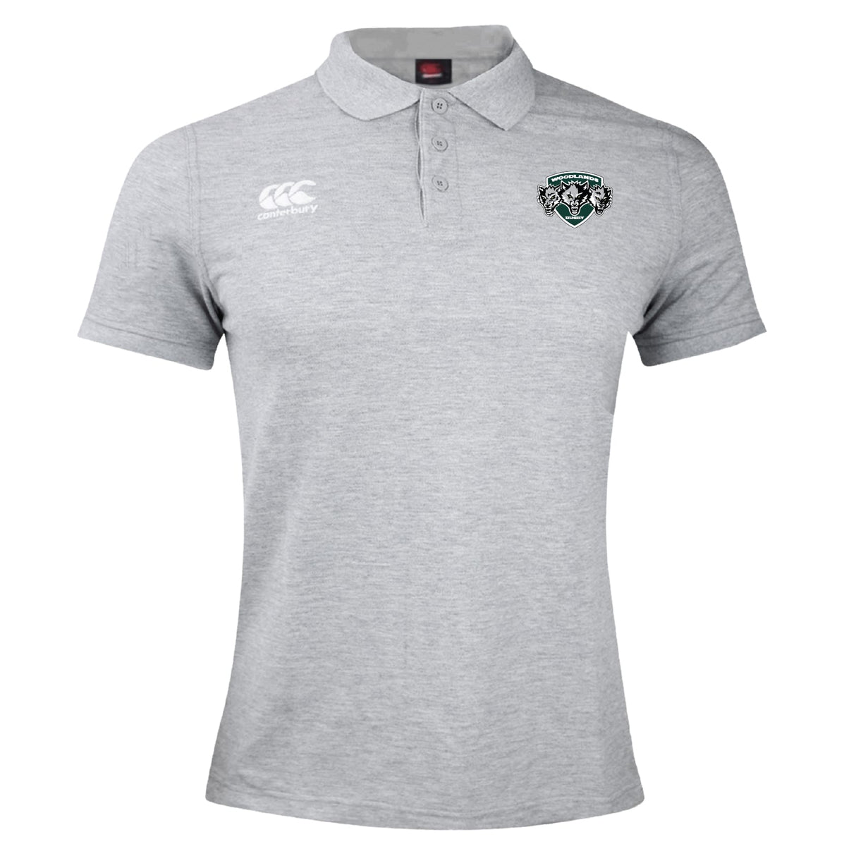 The Woodlands Youth Wolfpack Waimak Polo by EMB Canterbury is a light grey short-sleeve rugby polo with a collar, showcasing the Canterbury logo and a wolf emblem on the front.