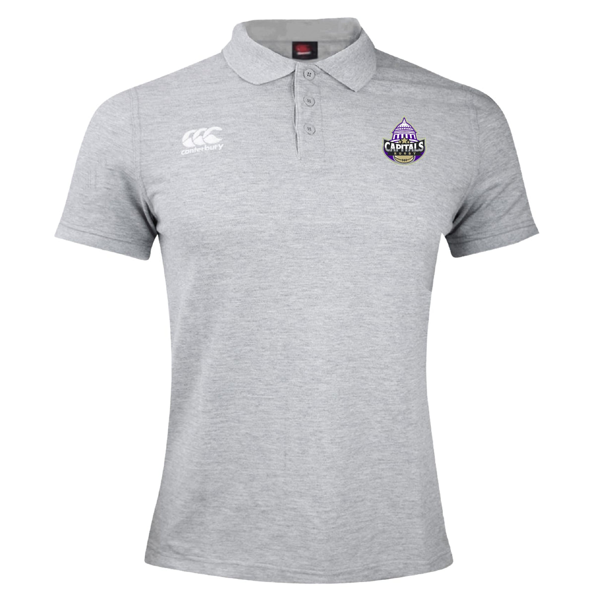 The Capitals Rugby NC Waimak Polo by EMB Canterbury is a light gray collared shirt with the CCC Waimak Rugby Polo logo on the right chest and a Capitals team logo on the left—ideal for rugby fans.