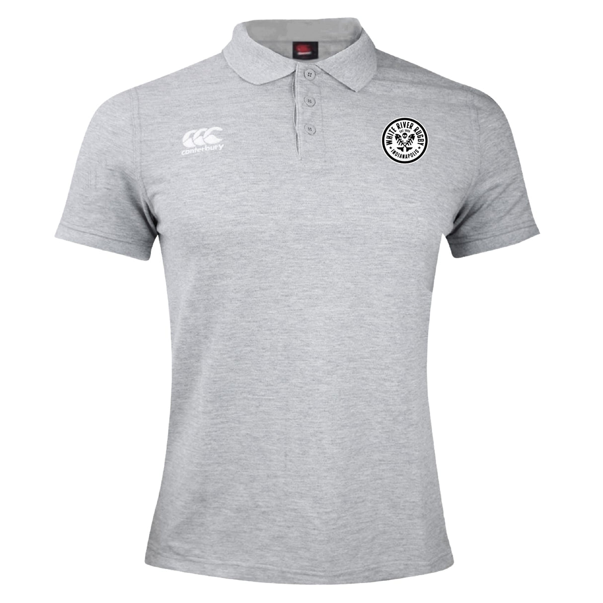 The White River Rugby Football Club Waimak Polo by EMB Canterbury is a light grey, short-sleeved rugby polo with a button-up collar and logos on both chests, featuring classic Canterbury style.