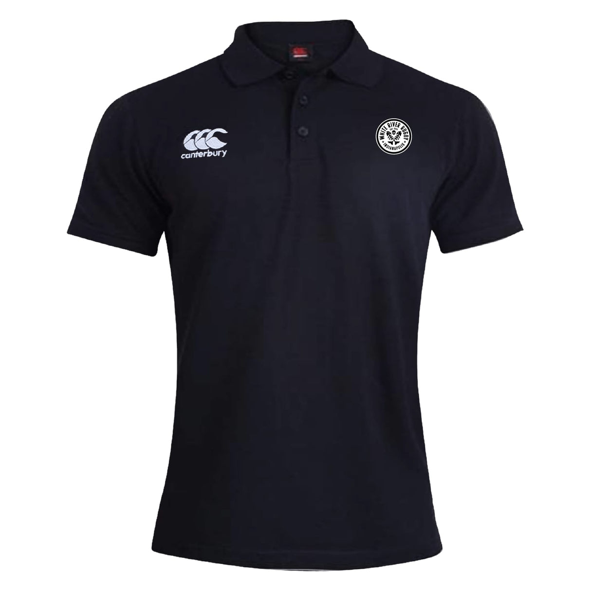The EMB Canterbury White River Rugby Football Club Waimak Polo is a black short-sleeve rugby polo with a collar, Canterbury logo on the right chest, and circular badge on the left, combining style and comfort.