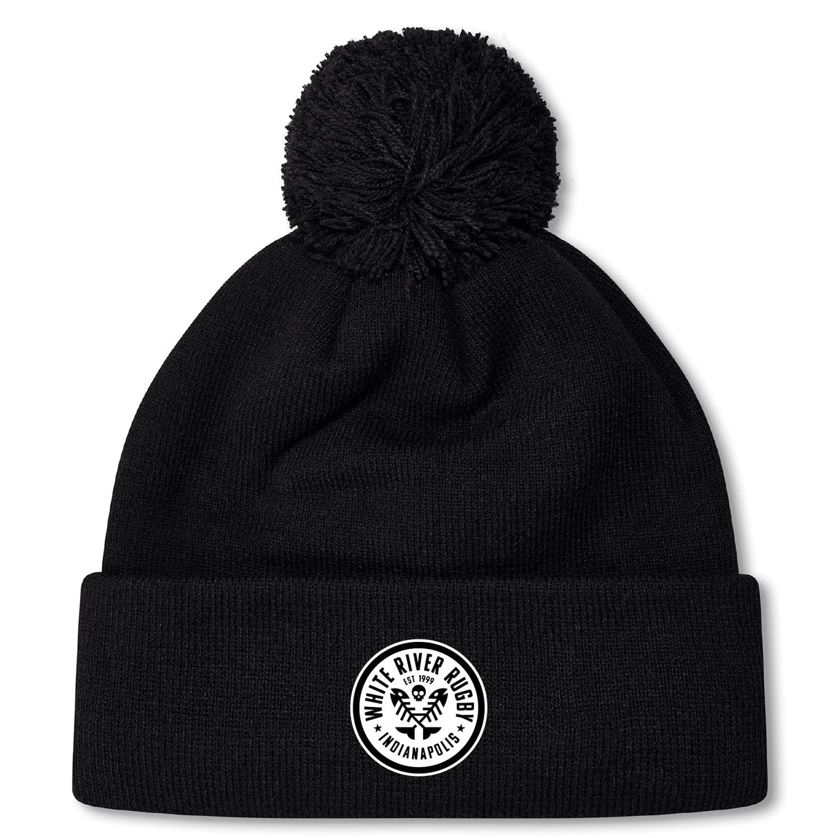 The White River Rugby Football Club Pom Pom Beanie by EMB Canterbury features a black knit design, a pom-pom top, and a round white front patch for classic style.