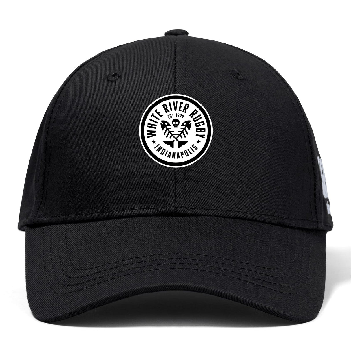The White River Rugby Football Club Flexfit Drill Cap by EMB Canterbury features a circular "White River Rugby Indianapolis" embroidered logo in white and black on the front center panel.