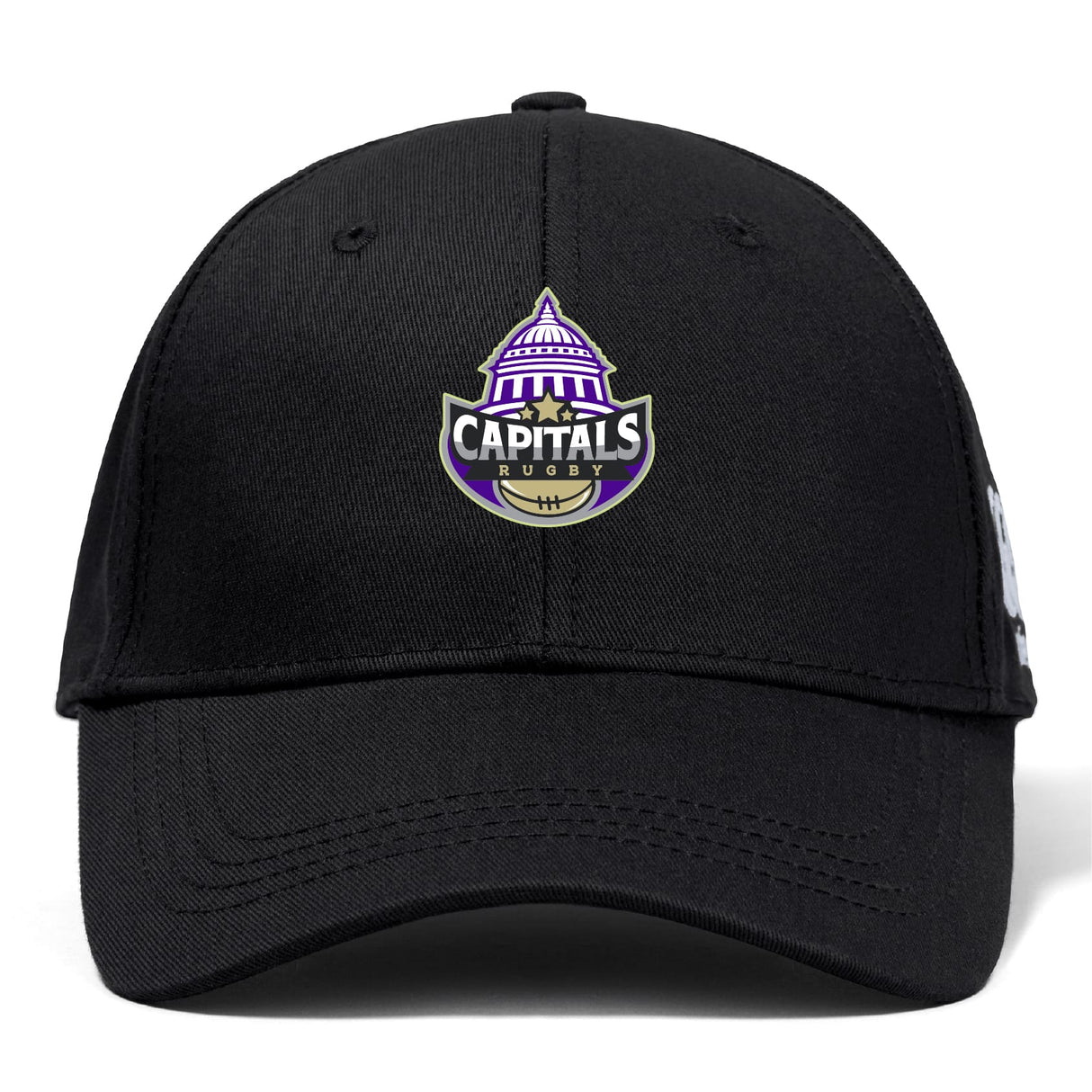The Capitals Rugby NC Flexfit Drill Cap by EMB Canterbury is a black cap with a purple and white embroidered Capitals Rugby logo, featuring a capitol dome and rugby ball on the front.