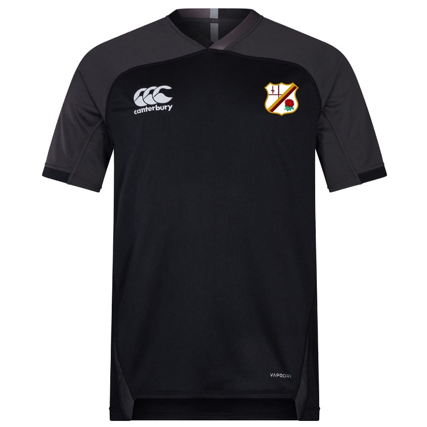 The Williams College RFC Vapodri Evader Jersey by EMB Canterbury, in black, showcases short sleeves and features advanced moisture-wicking technology. It includes the Canterbury logo on the right and a shield emblem on the left, offering unmatched comfort with its distinctive Canterbury neckline.