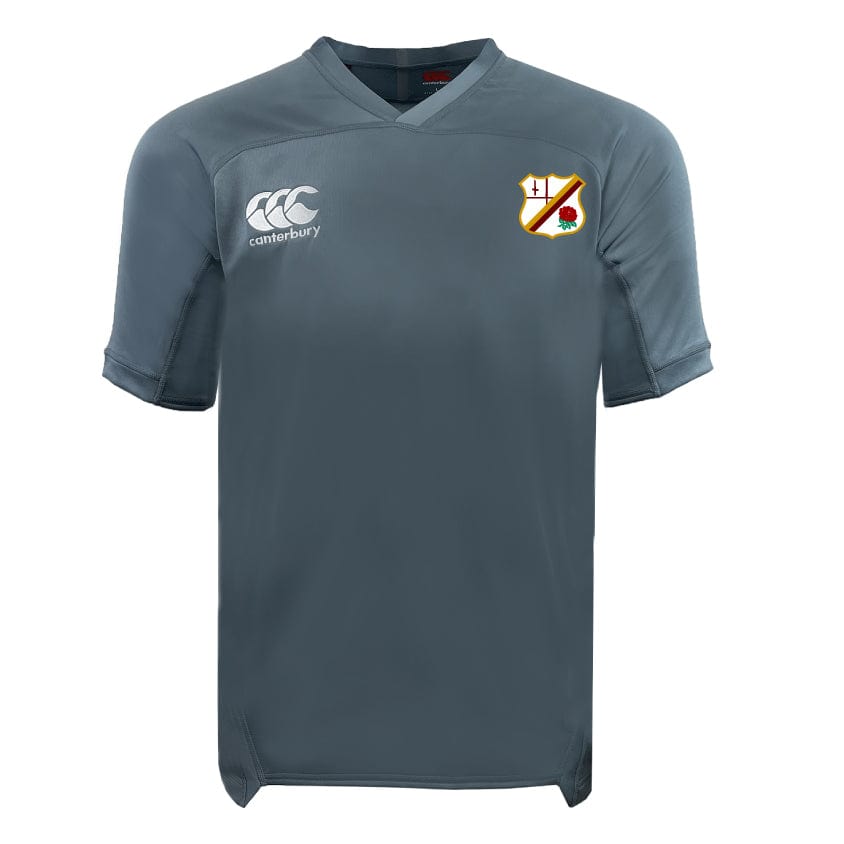 The Williams College RFC Vapodri Evader Jersey by EMB Canterbury, in gray, showcases a unique crossed sword and fish logo on the left chest. Featuring a classic Canterbury neckline and branding logo on the right chest, it is designed with moisture-wicking technology to ensure comfort.