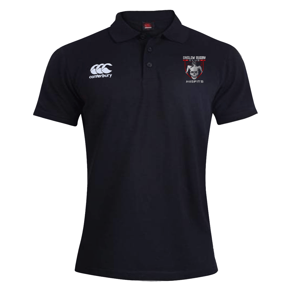 Onslow Rugby Misfits Waimak Polo by EMB Canterbury featuring the Canterbury logo on the right chest and the Dublin rugby team emblem on the left, made from a cotton polyester blend.