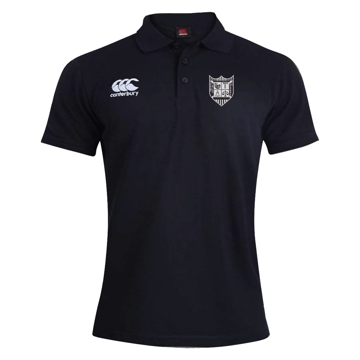A dark blue Troy University Rugby Waimak Polo by EMB Canterbury with a buttoned collar and a Canterbury logo on the left chest, isolated on a white background.