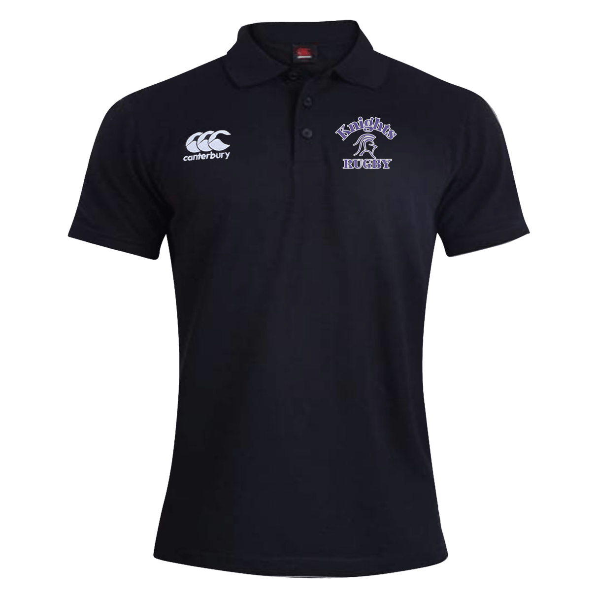 Ardrey Kell Rugby Waimak Polo by Canterbury with "Knights Rugby" text and logo on the left chest, and the EMB Canterbury logo on the right chest. Made from a comfortable cotton polyester blend.