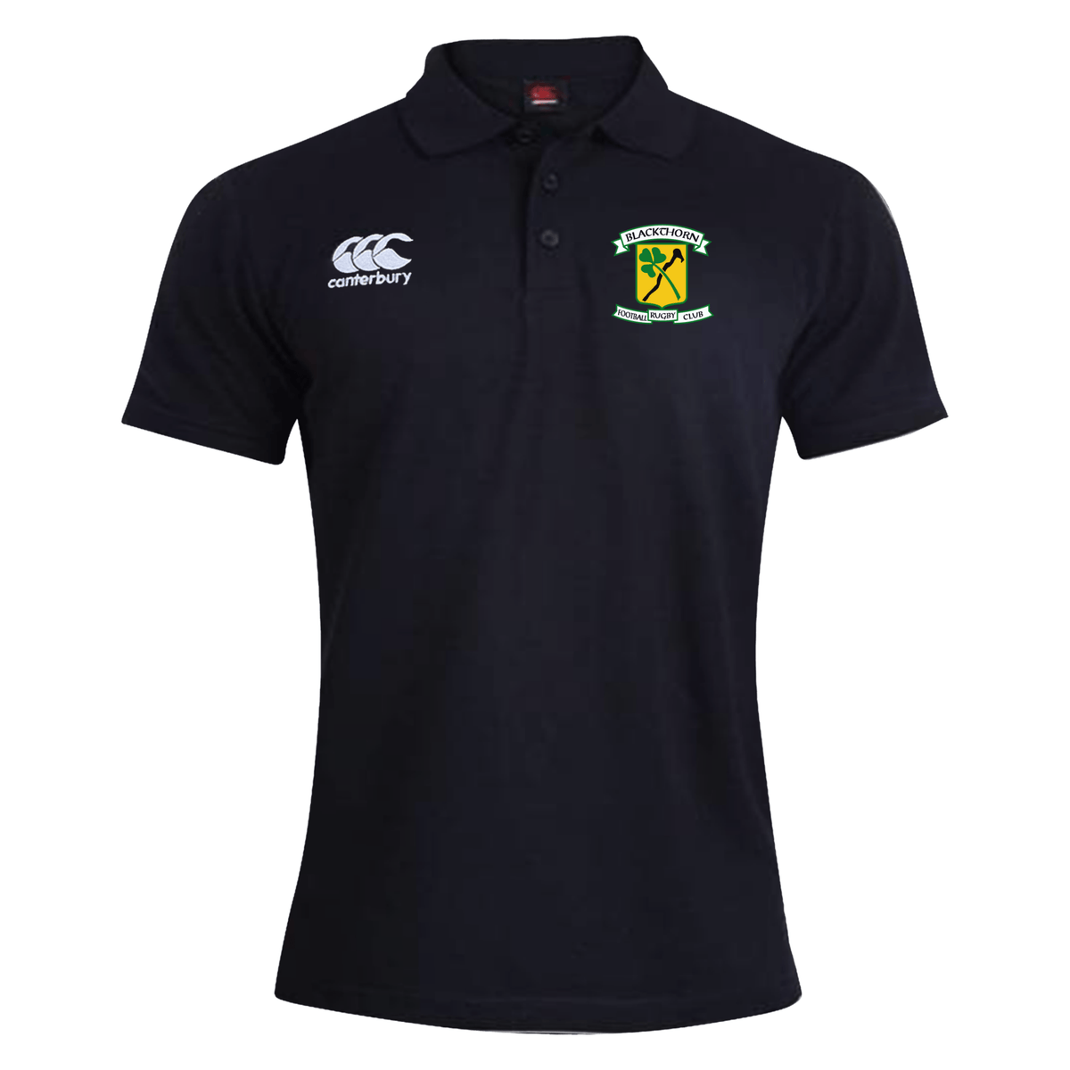 Black Blackthorn RFC Waimak Rugby Polo with an EMB Canterbury logo on the right chest and a Pakistan Cricket Board emblem on the left.