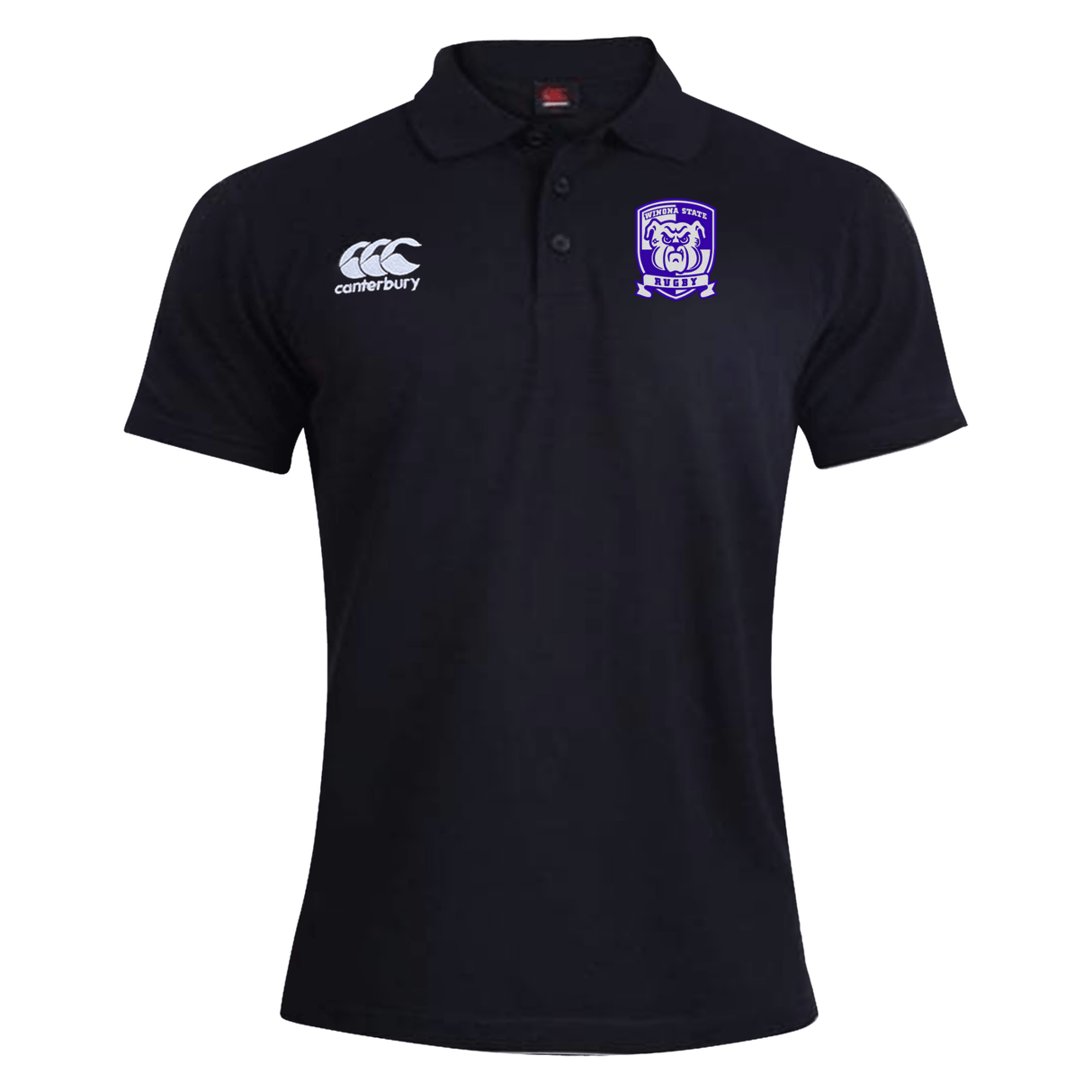 A black rugby polo shirt with a collar and buttons, featuring a white manufacturer's logo on the right chest and a purple and white emblem on the left chest. Made from a comfortable cotton polyester blend, this shirt showcases the iconic EMB Canterbury logo. This is the Winona State University Waimak Polo by Canterbury.