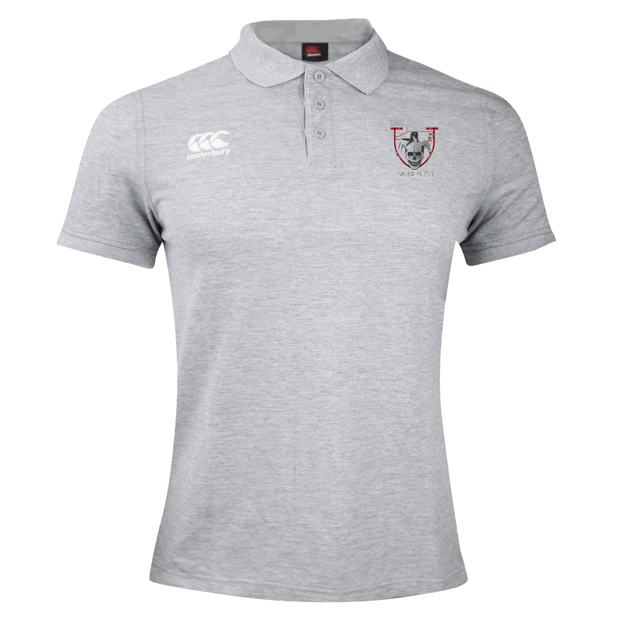 EMB Canterbury Gray Onslow Rugby Misfits Waimak Polo shirt with a Canterbury logo on the right chest and a university crest on the left, displayed on a neutral background.