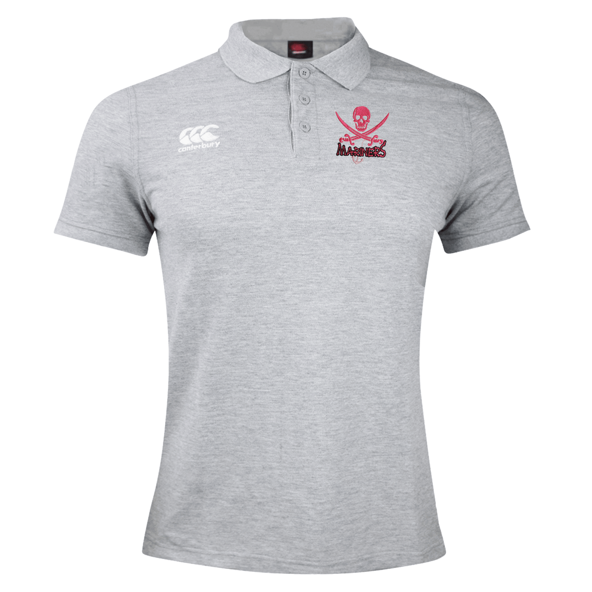 Gray SUNY Maritime Waimak Rugby Polo shirt with EMB Canterbury logo on the right chest and a red "Invictus Games" logo on the left, perfect for any rugby fan.