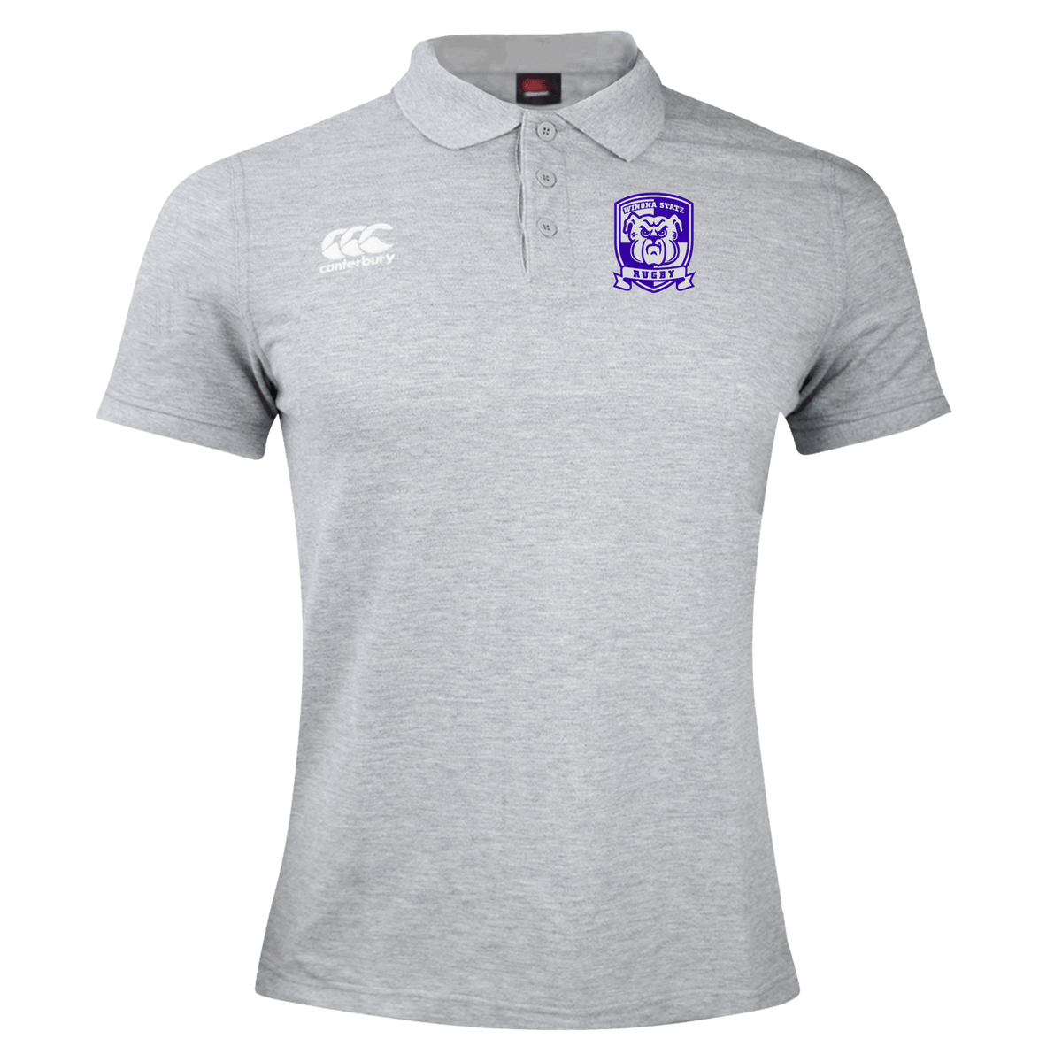 A gray rugby polo shirt with embroidered white and purple logos; the left chest features an EMB Canterbury logo, and the right chest displays a club emblem with a bear. Made from a durable cotton polyester blend for extra comfort, this is the Winona State University Waimak Polo by Canterbury.
