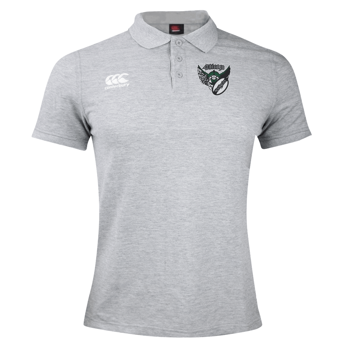 Gray rugby polo shirt featuring a small embroidered Chicago Valkyries Waimak Polo logo on the left chest and a collar, displayed on a plain background by EMB Canterbury.