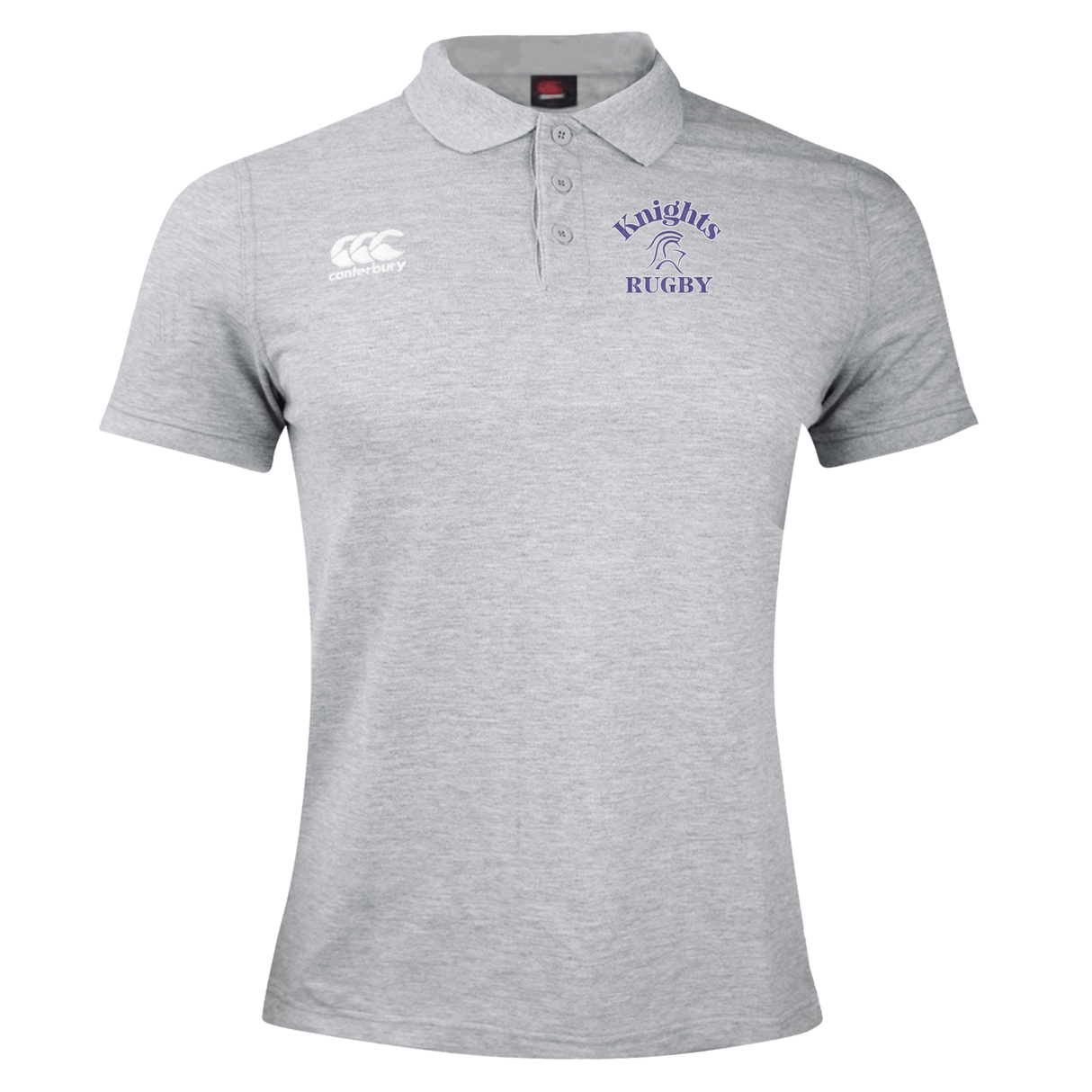 An Ardrey Kell Rugby Waimak Polo by EMB Canterbury, a grey cotton polyester blend polo shirt with purple text.