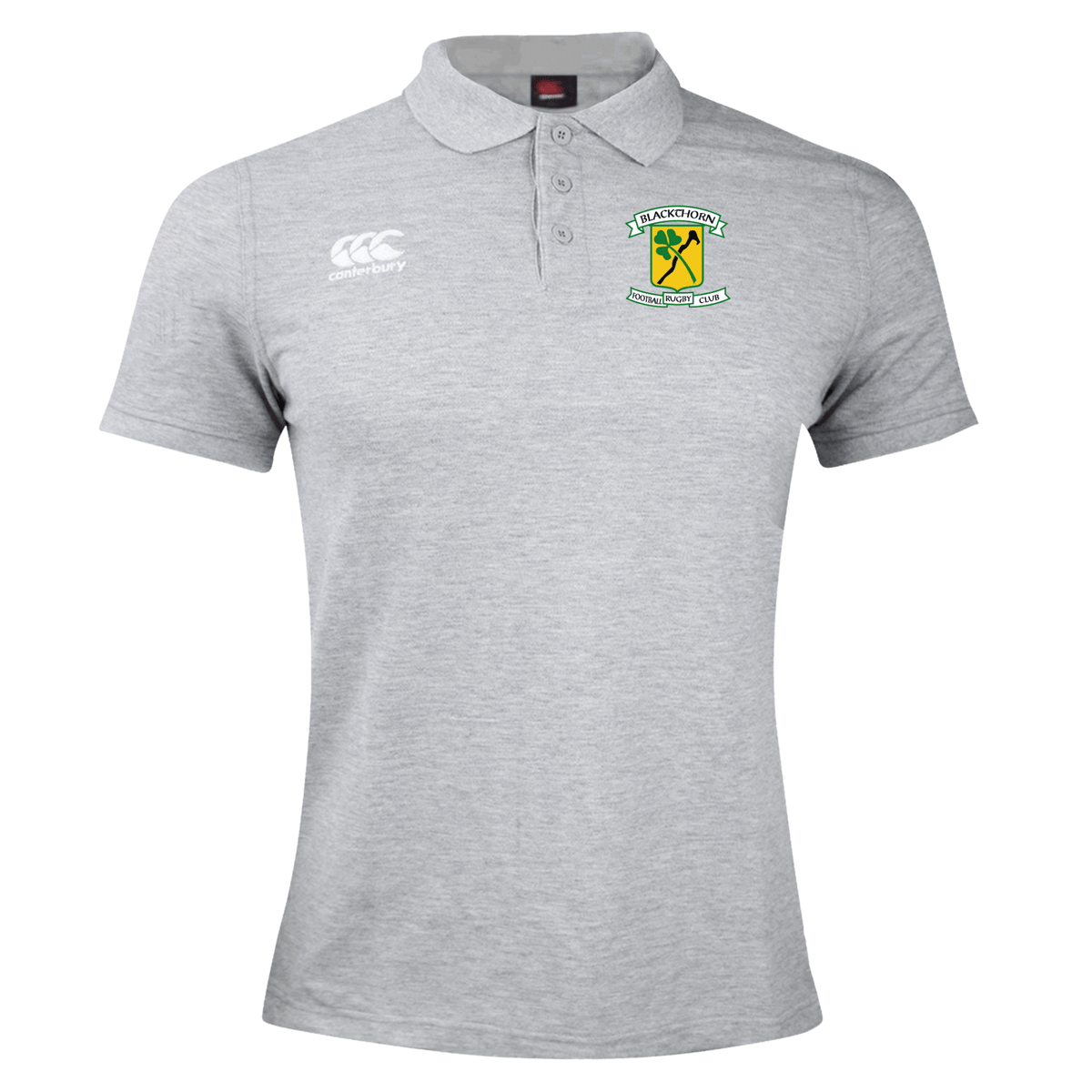 Gray Blackthorn RFC Waimak Rugby Polo with an EMB Canterbury logo on the left chest featuring a shield, two rugby players, and text around the top edge.