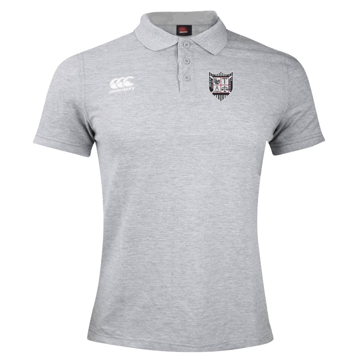 Grey Troy University Rugby Waimak Polo shirt with a collar, featuring a small shield logo on the left chest and the EMB Canterbury logo on the right side.