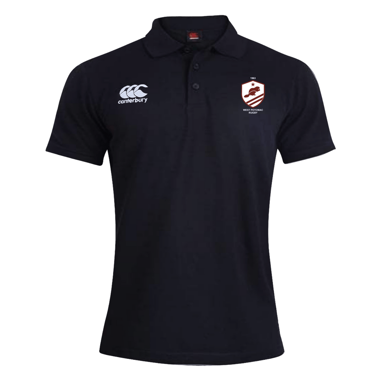 The West Potomac RFC Waimak Polo by EMB Canterbury is a black short-sleeve polo with the CCC logo on the left and an embroidered shield crest on the right chest—ideal for rugby fans.
