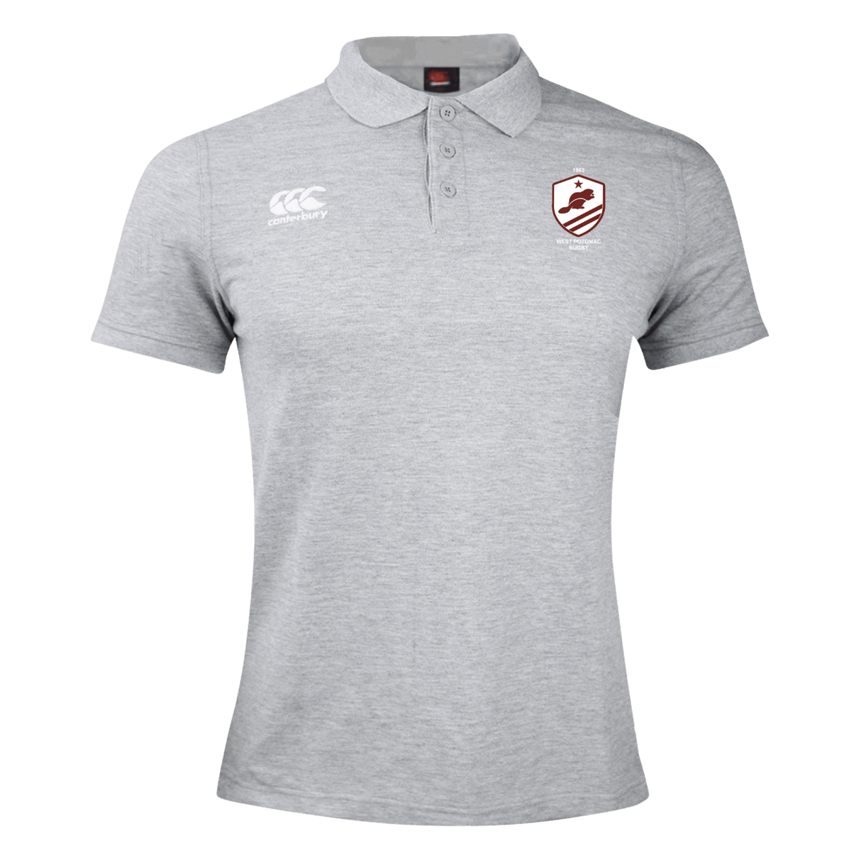 The West Potomac RFC Waimak Polo by EMB Canterbury features light grey short sleeves, a classic collar, the Canterbury logo on the right chest, and a team crest on the left—ideal for any rugby enthusiast.