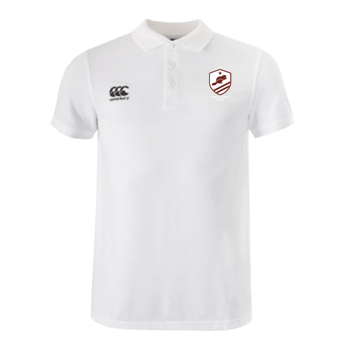 The West Potomac RFC Waimak Polo by EMB Canterbury features a white short sleeve design, collar, three buttons, black CCC logo on the right chest, and a red and white shield emblem—perfect for any rugby fan.